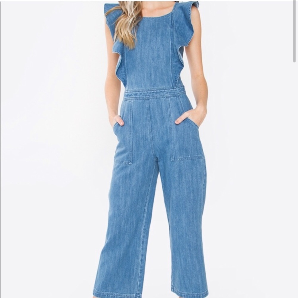 Sugar + Lips denim Jean ruffle jumpsuit open back Medium